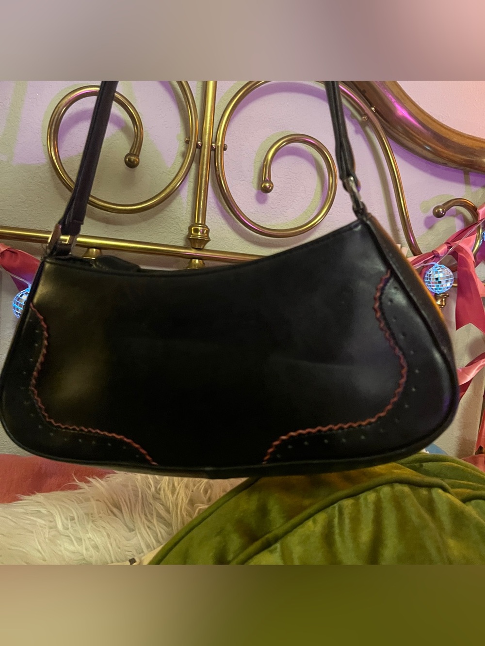 Charter Club Black Shoulder Bag with Pink Contrast Stitching